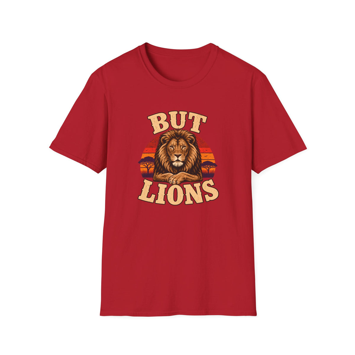 A red short-sleeve crewneck t-shirt featuring a graphic print of a lion's face with the text 'BUT LIONS' in a retro beige font, set against a plain white background.