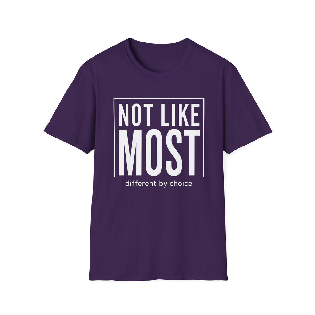 Purple t-shirt with text 'not like most different by choice'