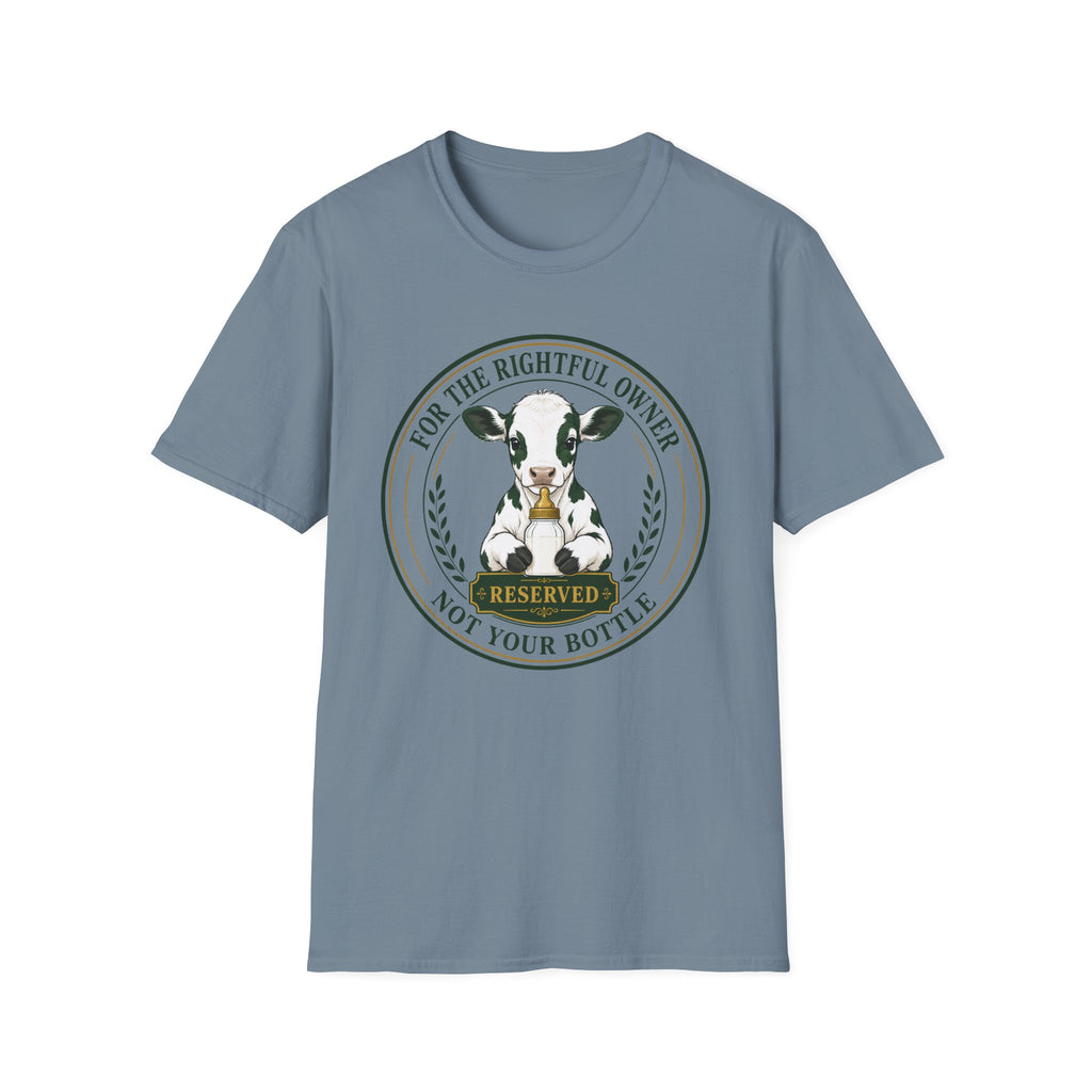 A stone blue short-sleeve crewneck t-shirt featuring a circular graphic print of a black and white cow with a bell and the text 'FOR THE RIGHTFUL OWNER NOT YOUR BOTTLE' and 'RESERVED'.