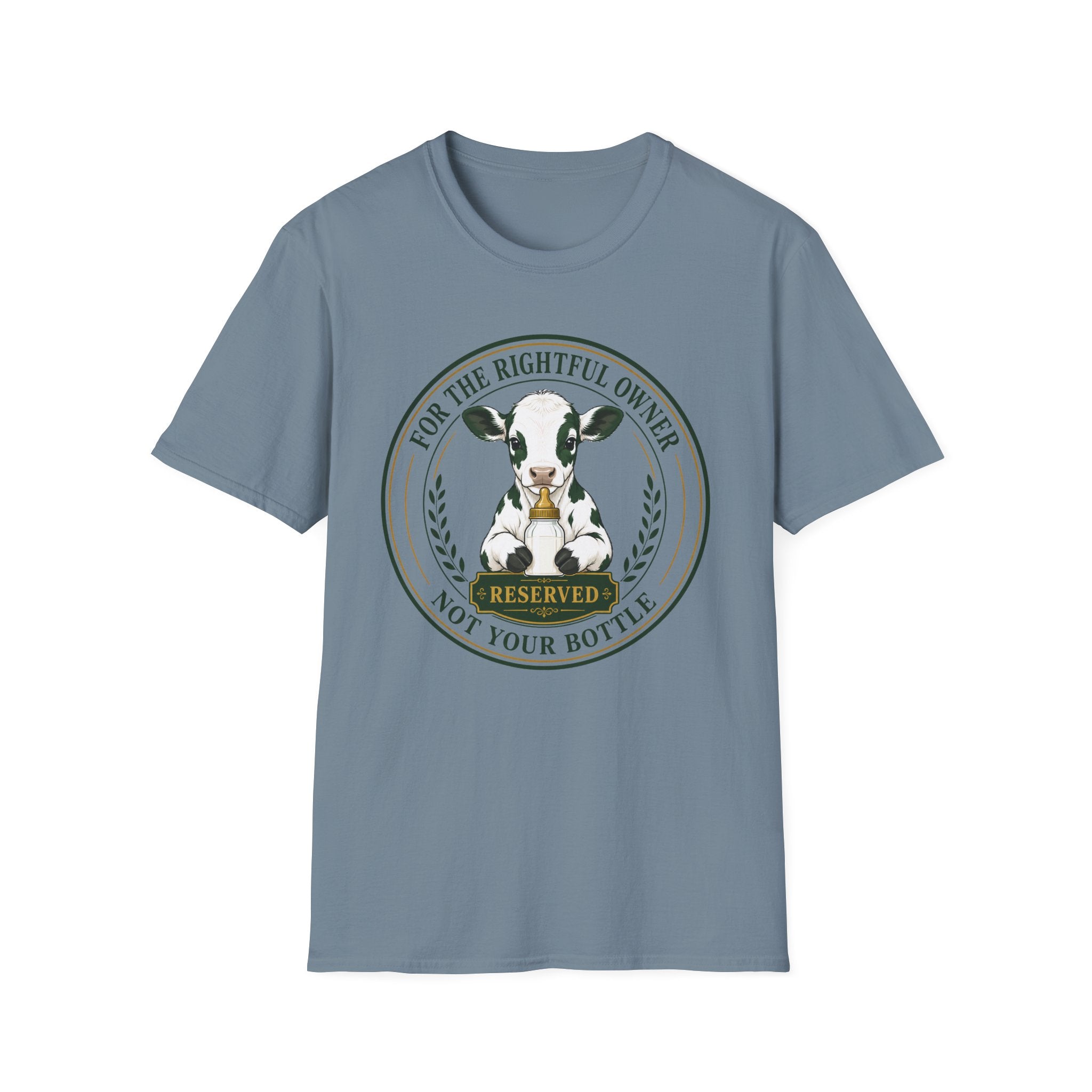 A stone blue short-sleeve crewneck t-shirt featuring a circular graphic print of a black and white cow with a bell and the text 'FOR THE RIGHTFUL OWNER NOT YOUR BOTTLE' and 'RESERVED'.