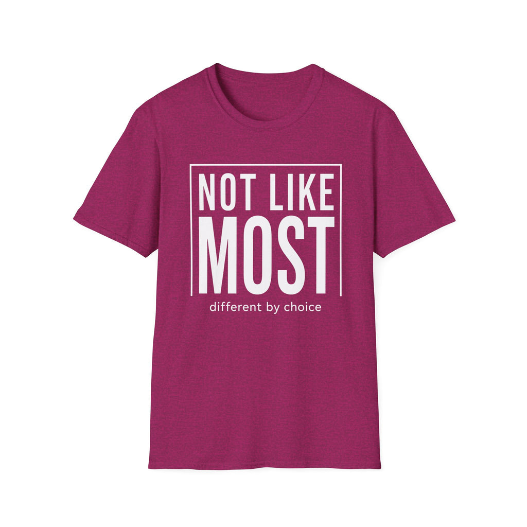 Magenta t-shirt with white text 'NOT LIKE MOST different by choice' on a white background