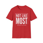 Red t-shirt with text 'not like most different by choice'