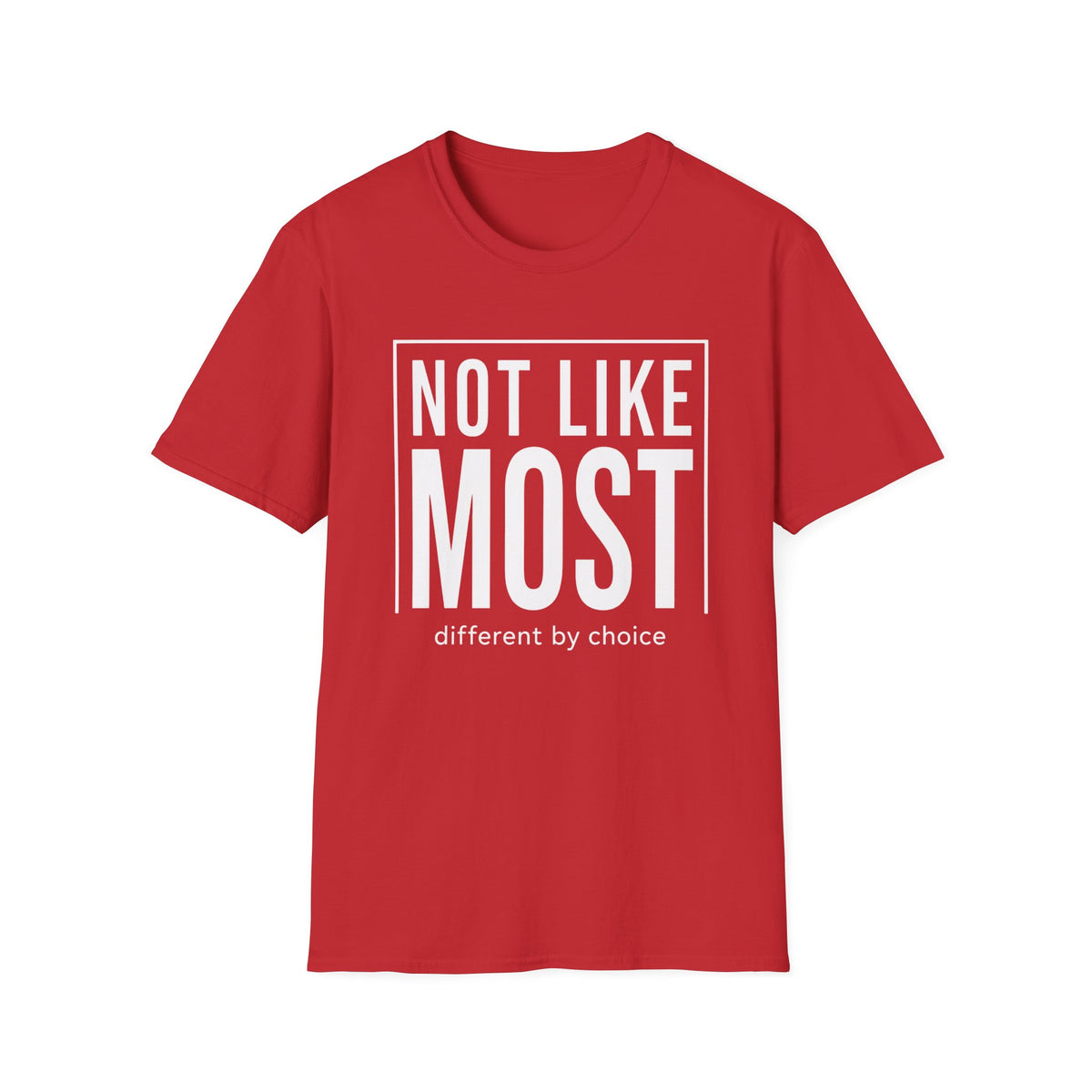 Red t-shirt with text 'not like most different by choice'