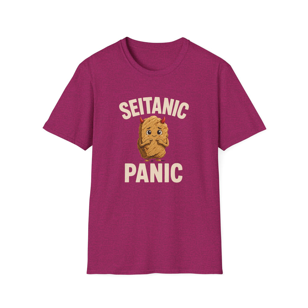 Pink t-shirt with 'Seitanic Panic' text and seitan graphic on a white background