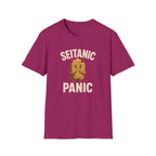 Pink t-shirt with 'Seitanic Panic' text and seitan graphic on a white background