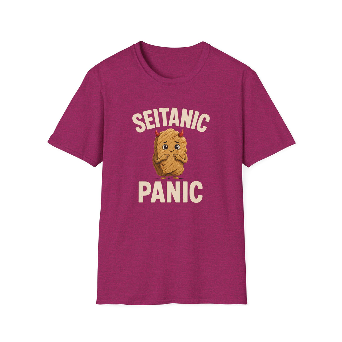 Pink t-shirt with 'Seitanic Panic' text and seitan graphic on a white background