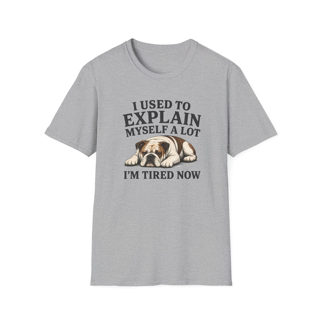 Gray t-shirt with a bulldog graphic and text on a white background