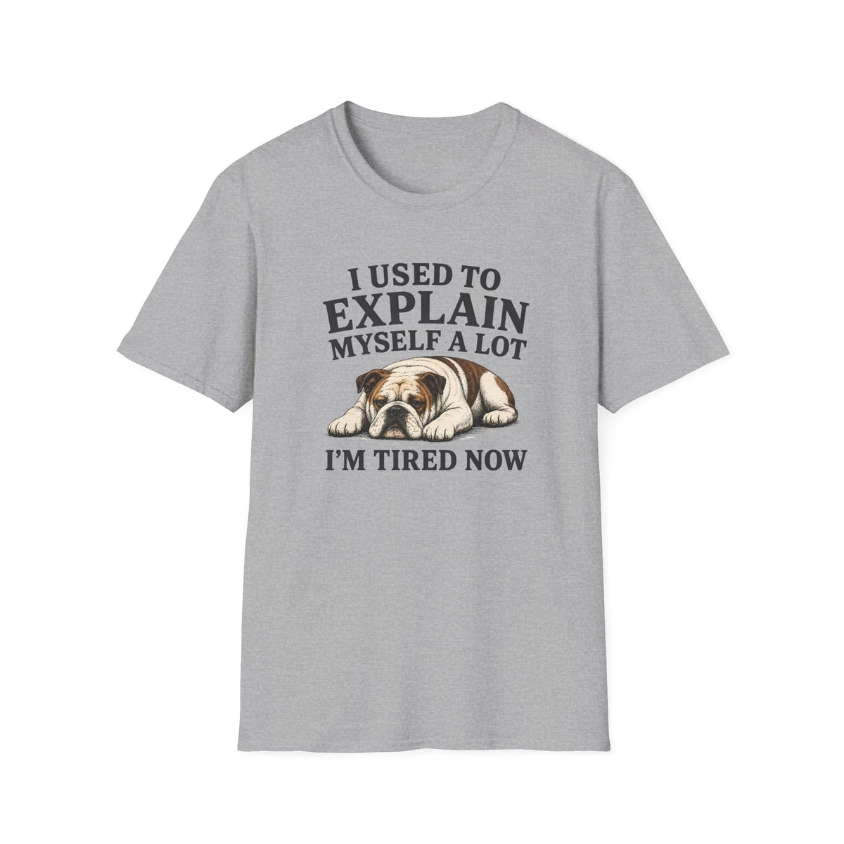 Gray t-shirt with a bulldog graphic and text on a white background