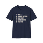 Navy blue graphic T-shirt design with cream numbered text reading What If, Remember That Thing, Don’t Forget, Why Did I Say That and Start Over, with Thought Queue underneath.