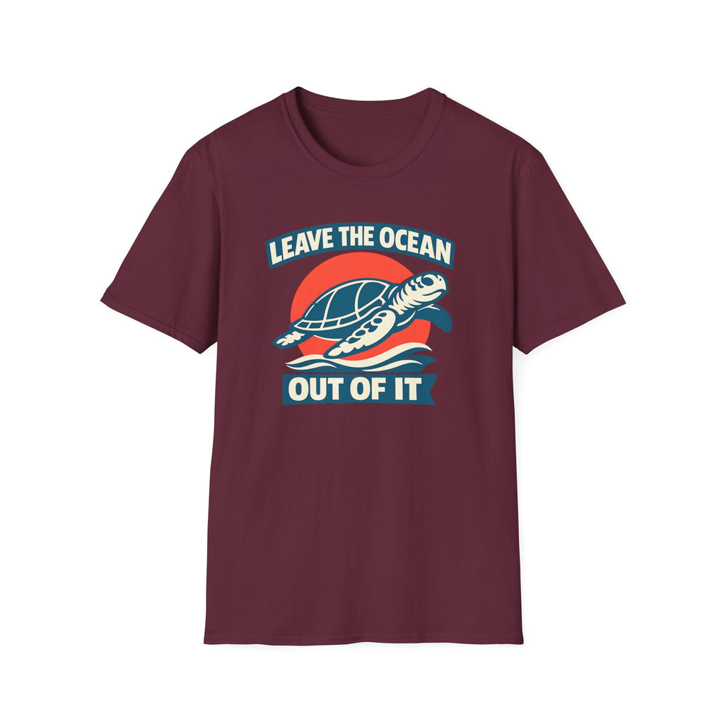 Maroon short-sleeve crewneck t-shirt featuring a graphic print of a sea turtle swimming over blue waves in front of a red sun, with the text 'LEAVE THE OCEAN OUT OF IT' in white and blue.