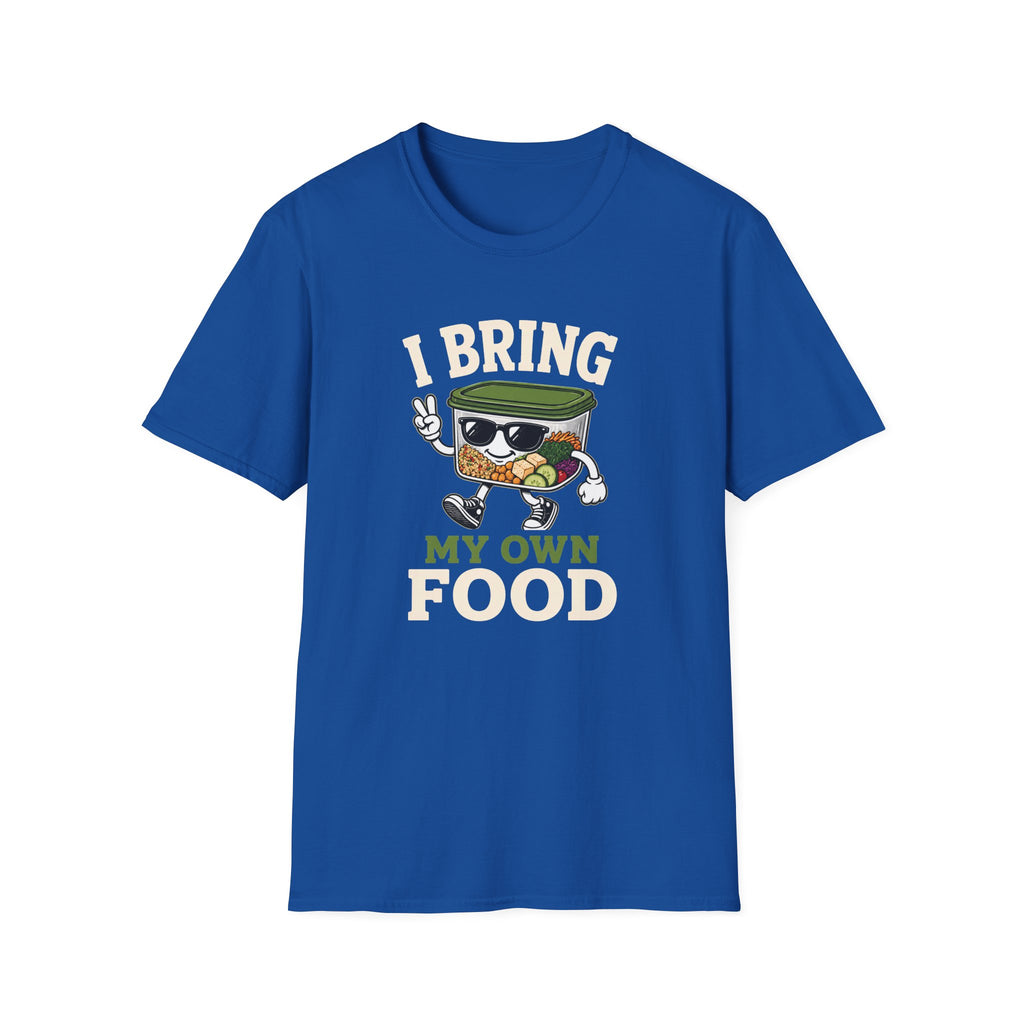 A royal blue short-sleeve crewneck t-shirt featuring a cartoon graphic of a ramen cup character wearing sunglasses and waving, with the text 'I BRING MY OWN FOOD' printed on the front.