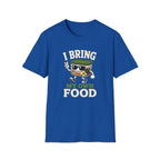 A royal blue short-sleeve crewneck t-shirt featuring a cartoon graphic of a ramen cup character wearing sunglasses and waving, with the text 'I BRING MY OWN FOOD' printed on the front.