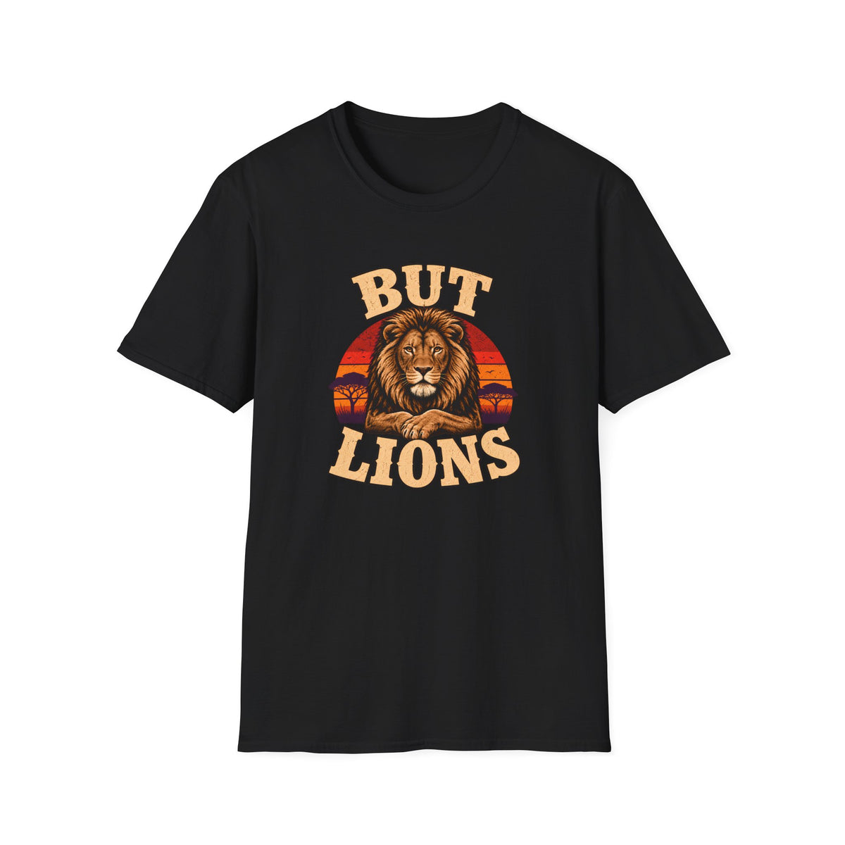 A black short-sleeve crewneck t-shirt featuring a retro-style graphic of a lion's face and body with the text 'BUT LIONS' in a warm beige and orange gradient, set against a plain white background.