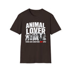 Brown vegan t-shirt with animal graphic and text 'animal lover terms and conditions don't apply'