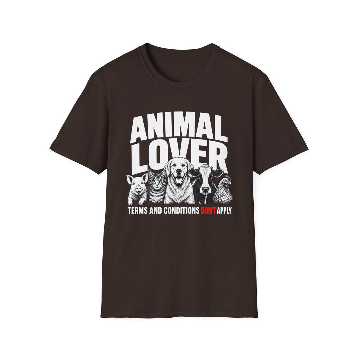 Brown vegan t-shirt with animal graphic and text 'animal lover terms and conditions don't apply'