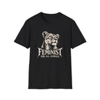Black short-sleeve t-shirt with a distressed white graphic of a lioness head and the text 'FEMINIST FOR ALL ANIMALS' printed on the chest, shown against a plain white background.