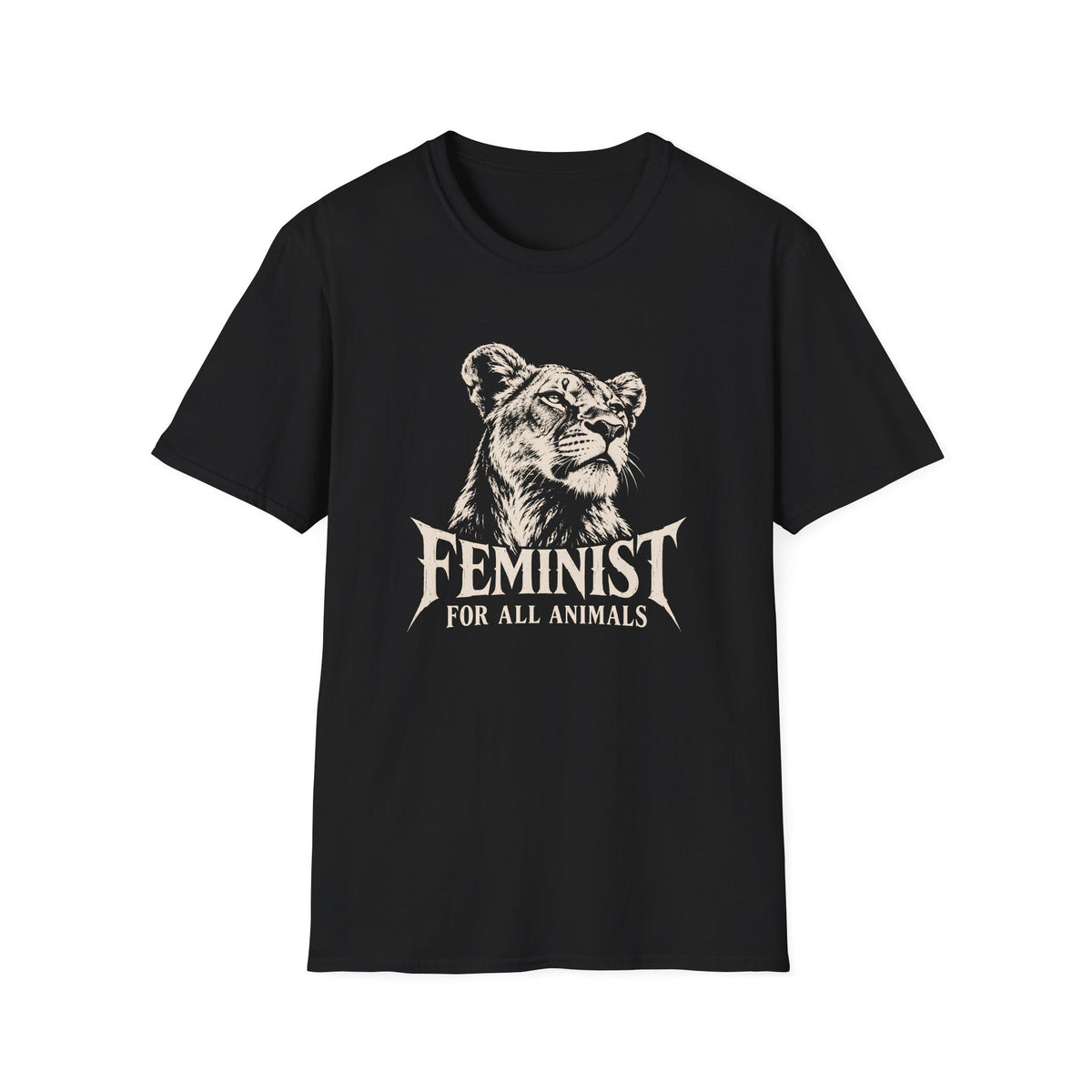 Black short-sleeve t-shirt with a distressed white graphic of a lioness head and the text 'FEMINIST FOR ALL ANIMALS' printed on the chest, shown against a plain white background.