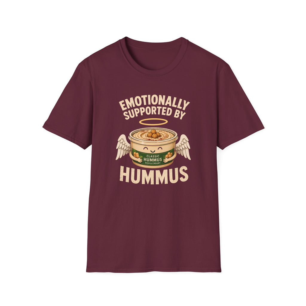 maroon graphic t-shirt with an image of a tub of hummus and text 'emotionally supported by hummus' on a wooden board with jeans and sneakers