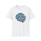 white Retro teal graphic design with the words “My Brain Is Busy” shaped into the outline of a human brain on a plain background.