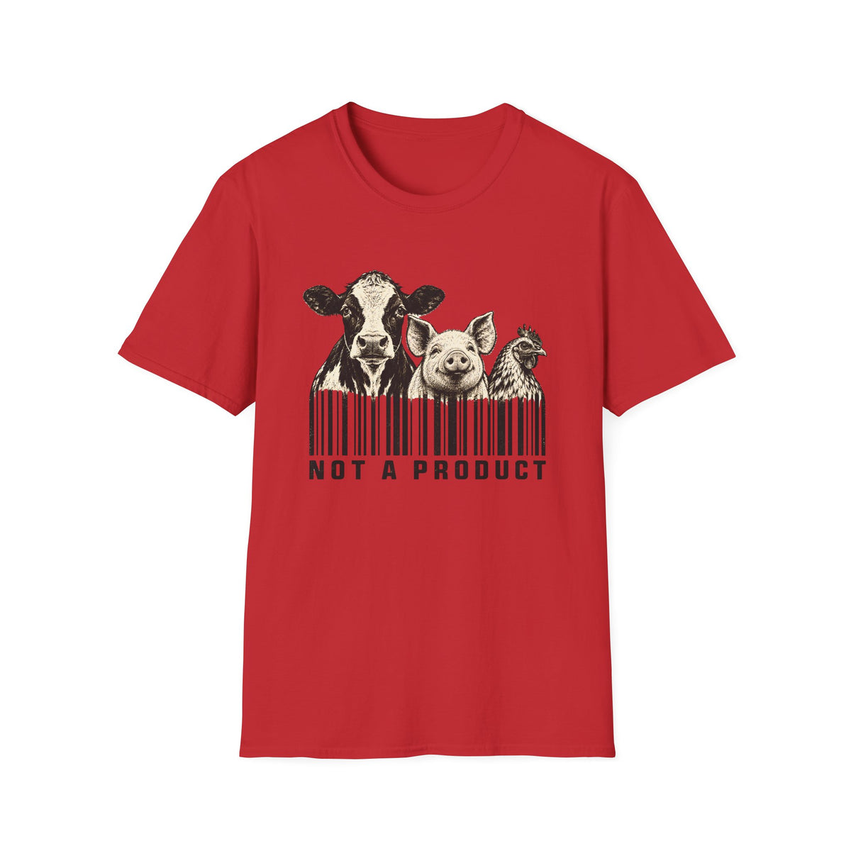 Red vegan t-shirt Black and cream graphic featuring a cow, pig and chicken emerging from vertical barcode lines above the words “Not A Product.”