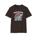 Brown short-sleeve crewneck t-shirt featuring a graphic print of a sea turtle swimming over blue waves in front of a red sun, with the text 'LEAVE THE OCEAN OUT OF IT' in white and blue.