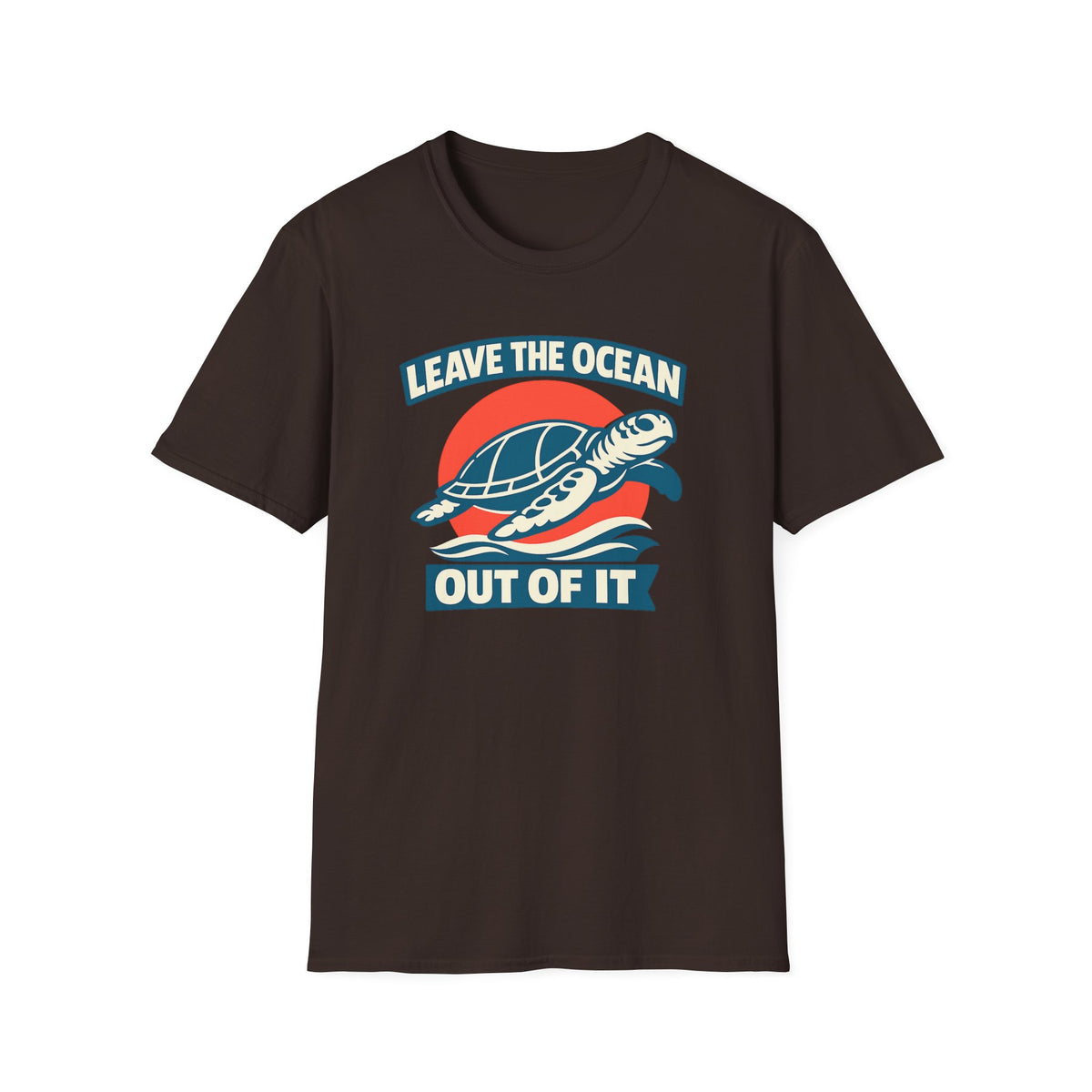 Brown short-sleeve crewneck t-shirt featuring a graphic print of a sea turtle swimming over blue waves in front of a red sun, with the text 'LEAVE THE OCEAN OUT OF IT' in white and blue.