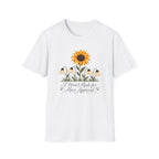 White graphic T-shirt featuring a bright yellow sunflower above four drooping cream flowers with I Wasn't Made for Mass Approval in cursive text.