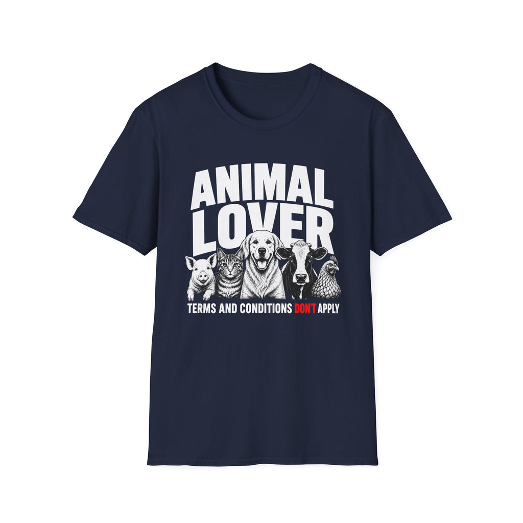 Navy Blue vegan t-shirt with animal graphic and text 'animal lover terms and conditions don't apply'