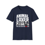 Navy Blue vegan t-shirt with animal graphic and text 'animal lover terms and conditions don't apply'