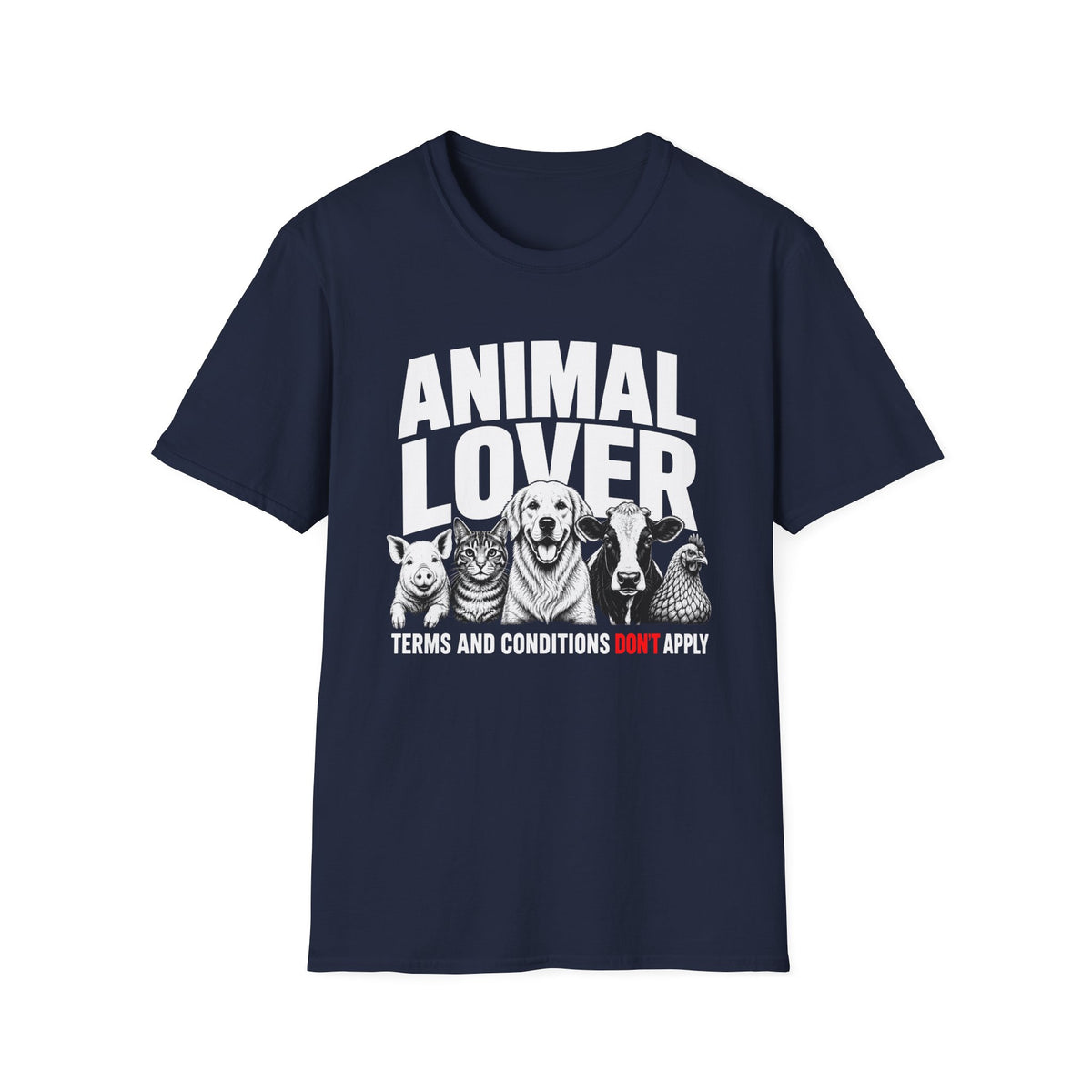 Navy Blue vegan t-shirt with animal graphic and text 'animal lover terms and conditions don't apply'