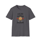 Charcoal t-shirt with cartoon graphic and text 'ask me about protein again'