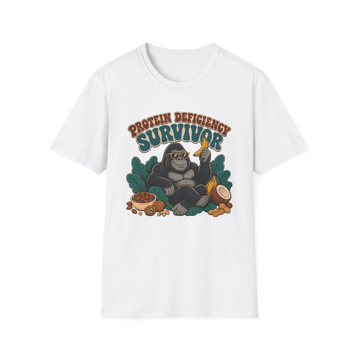 A white short-sleeve crewneck t-shirt featuring a retro-style graphic of a gorilla wearing sunglasses and holding a banana, surrounded by leaves and food items, with the text 'PROTEIN DEFICENCY SURVIVOR' above it.
