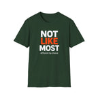 Green t-shirt with 'Not Like Most, different by choice' text on a white background