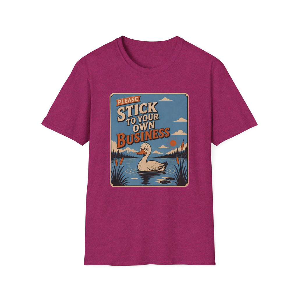 A heather magenta short-sleeve crewneck t-shirt featuring a retro-style graphic print of a goose in a pond with the text 'PLEASE STICK TO YOUR OWN BUSINESS'.