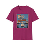A heather magenta short-sleeve crewneck t-shirt featuring a retro-style graphic print of a goose in a pond with the text 'PLEASE STICK TO YOUR OWN BUSINESS'.