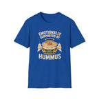 royal blue graphic t-shirt with an image of a tub of hummus and text 'emotionally supported by hummus' on a wooden board with jeans and sneakers