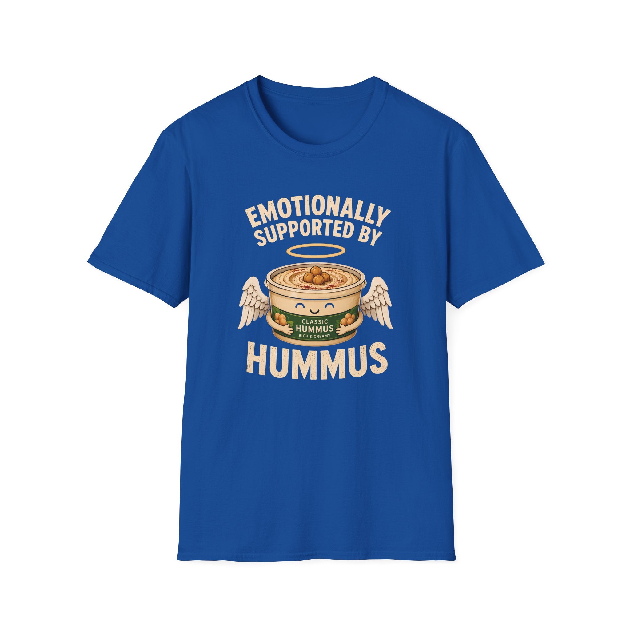 royal blue graphic t-shirt with an image of a tub of hummus and text 'emotionally supported by hummus' on a wooden board with jeans and sneakers