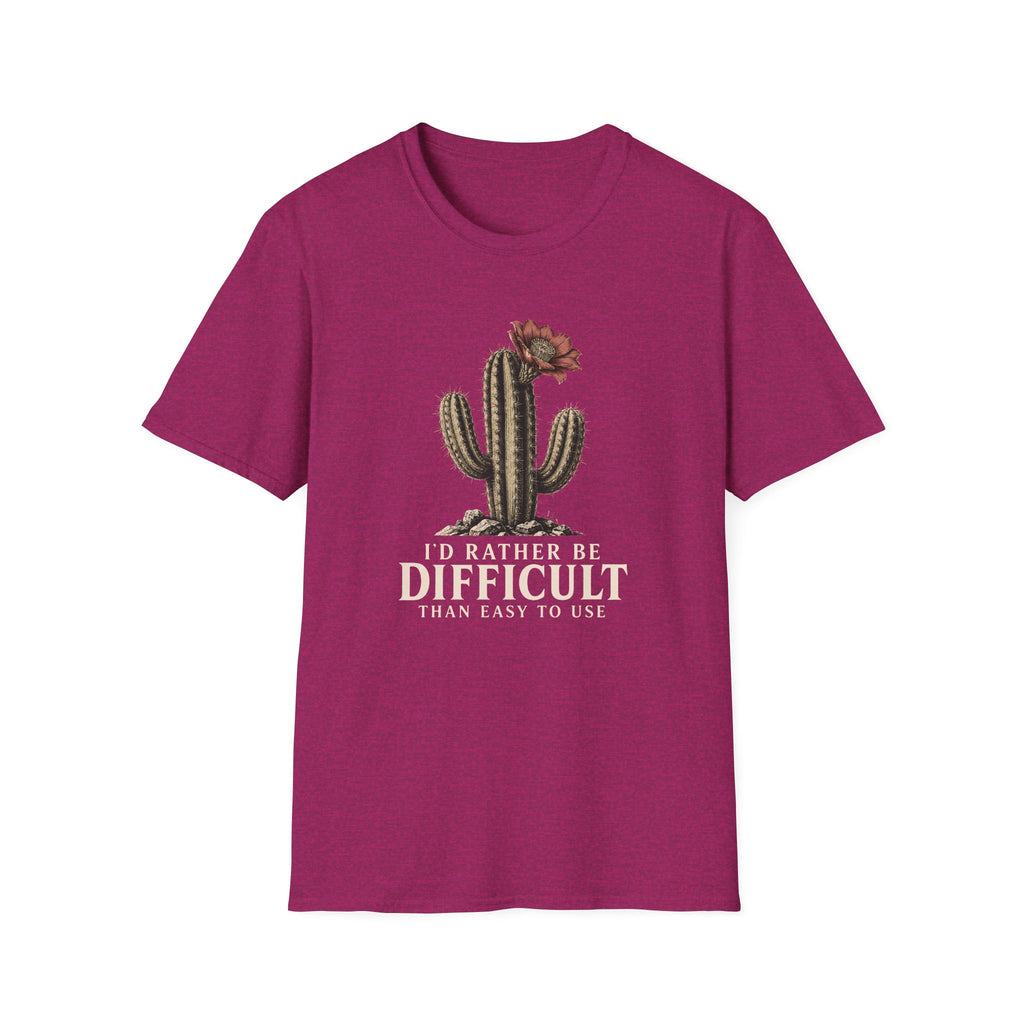 Hot pink short-sleeve crewneck t-shirt featuring a graphic of a cactus with a flower and the text 'I'D RATHER BE DIFFICULT THAN EASY TO USE' printed on the front, displayed against a solid white background.