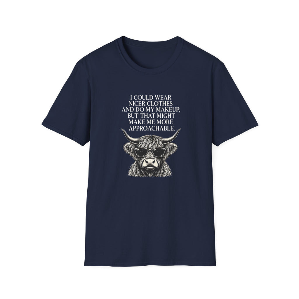 Funny introvert T-shirt design featuring a Highland cow wearing sunglasses, black vintage-style illustration, and the quote "I could wear nicer clothes and do my makeup, but that might make me more approachable."