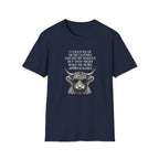 Funny introvert T-shirt design featuring a Highland cow wearing sunglasses, black vintage-style illustration, and the quote "I could wear nicer clothes and do my makeup, but that might make me more approachable."