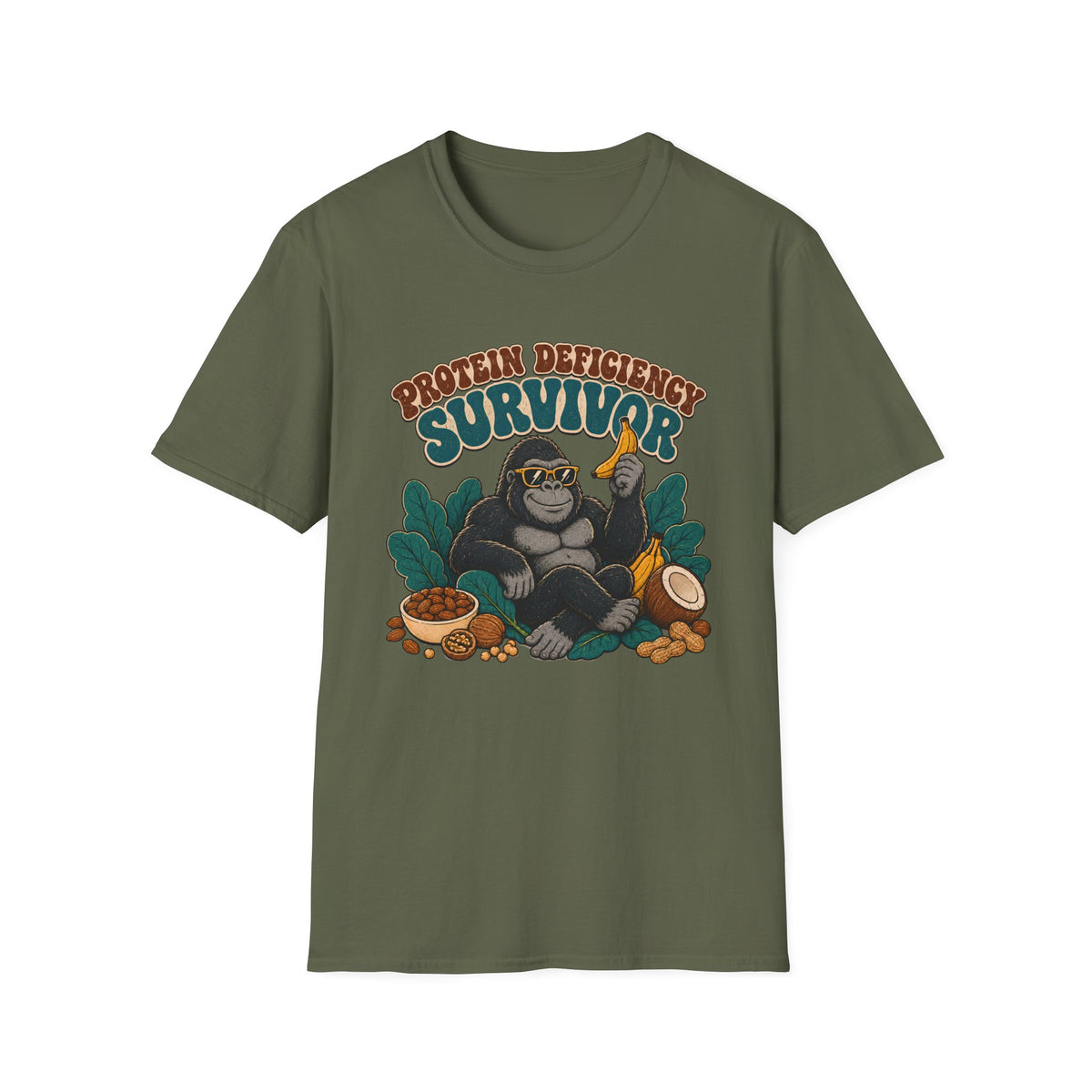An olive green short-sleeve crewneck t-shirt featuring a cartoon graphic of a gorilla wearing sunglasses and holding a banana, with the text 'PROTEIN DEFICITY SURVIVOR' above it.