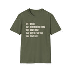 Military green graphic T-shirt design with cream numbered text reading What If, Remember That Thing, Don’t Forget, Why Did I Say That and Start Over, with Thought Queue underneath.