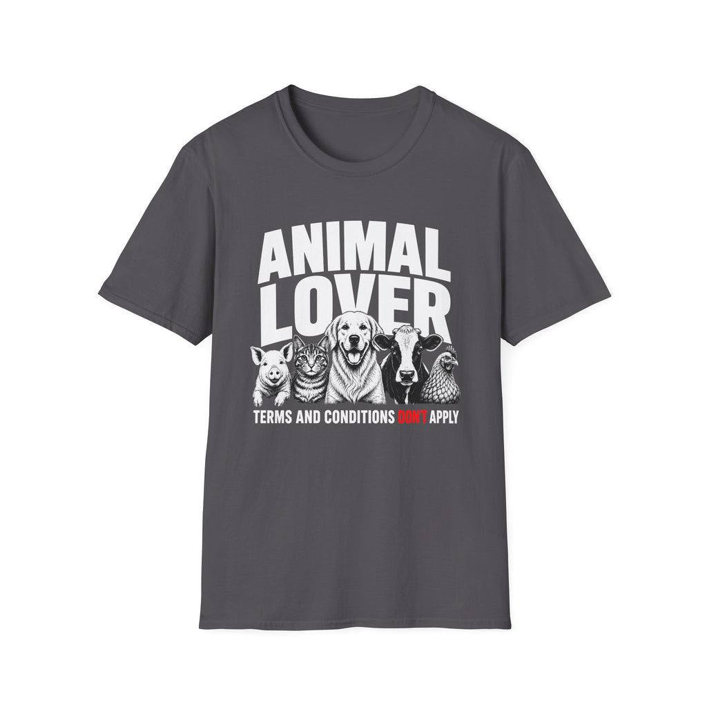 Grey vegan t-shirt with animal graphic and text 'animal lover terms and conditions don't apply'