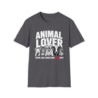 Grey vegan t-shirt with animal graphic and text 'animal lover terms and conditions don't apply'
