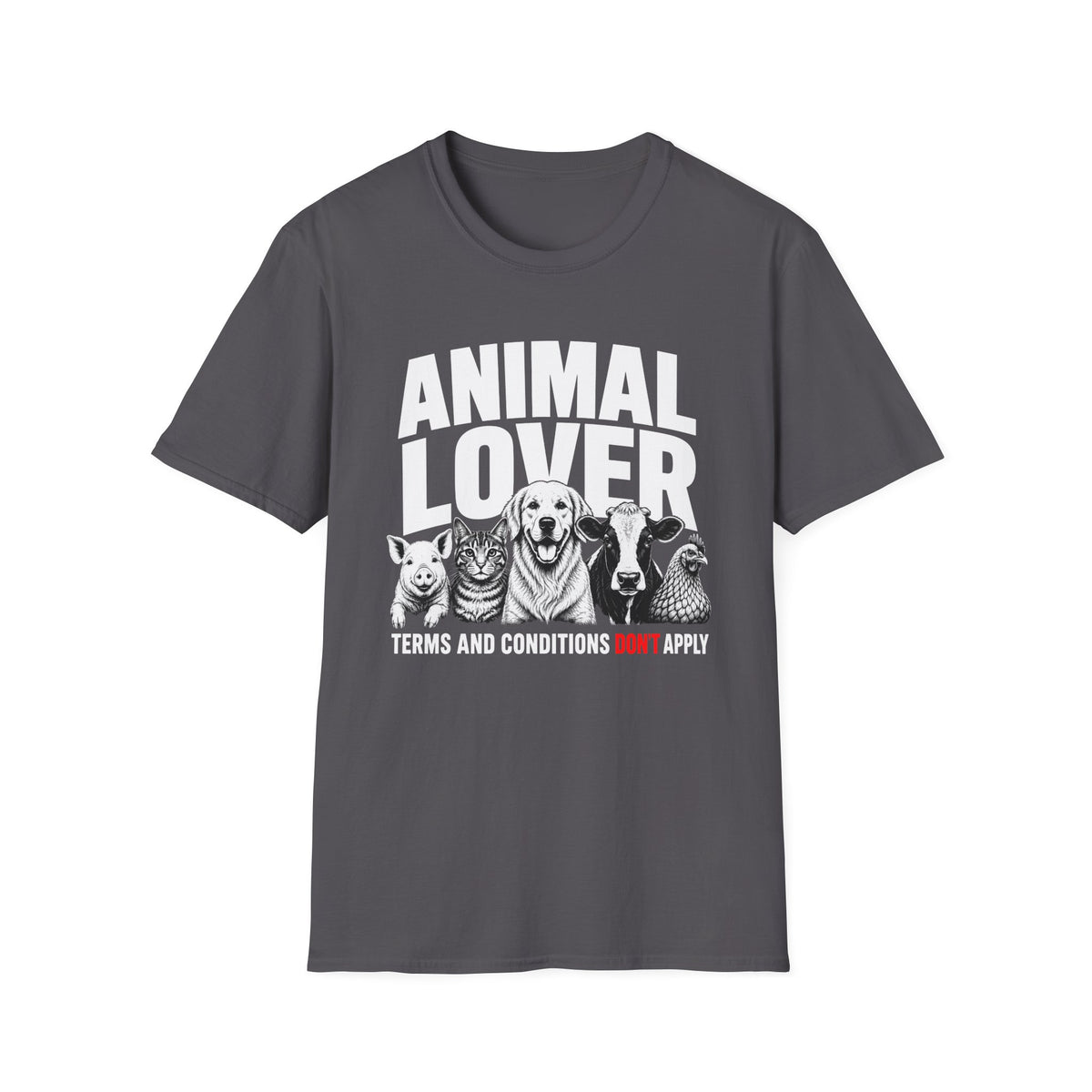 Grey vegan t-shirt with animal graphic and text 'animal lover terms and conditions don't apply'