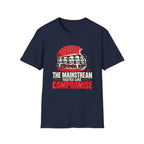 A navy blue short-sleeve t-shirt with a graphic of a burger filled with faces wearing braces, above the text 'THE MAINSTREAM TASTES LIKE COMPROMISE' in white and red.
