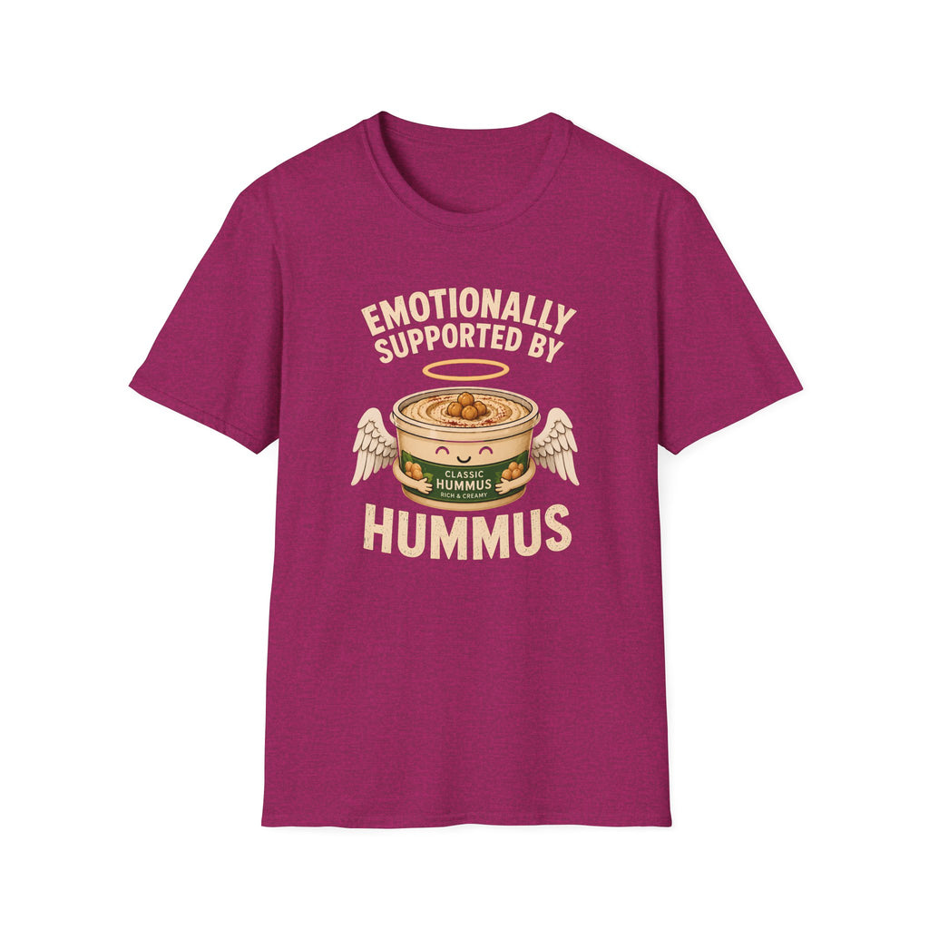 Hot pink graphic t-shirt with an image of a tub of hummus and text 'emotionally supported by hummus' 