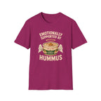 Hot pink graphic t-shirt with an image of a tub of hummus and text 'emotionally supported by hummus' 