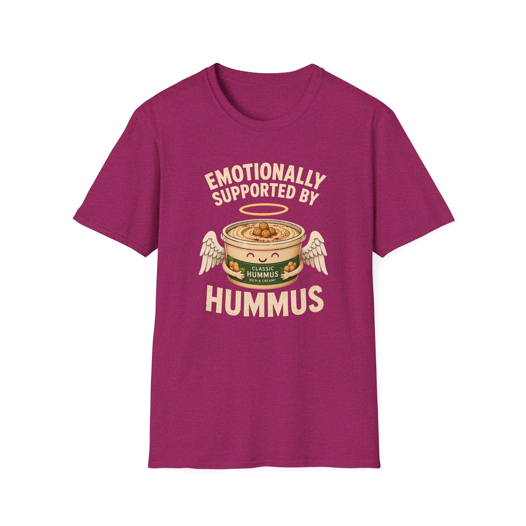 Hot pink graphic t-shirt with an image of a tub of hummus and text 'emotionally supported by hummus' 