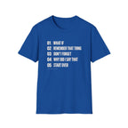 Royal blue graphic T-shirt design with cream numbered text reading What If, Remember That Thing, Don’t Forget, Why Did I Say That and Start Over, with Thought Queue underneath.